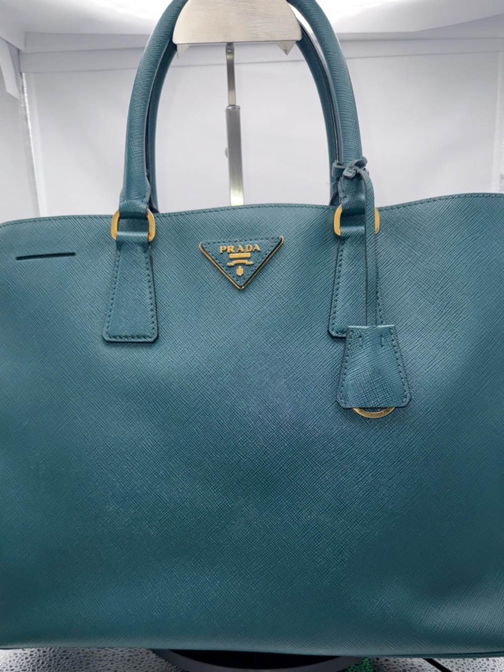 Prada Teal Saffiano Leather Double-Handle Tote with Gold Hardware